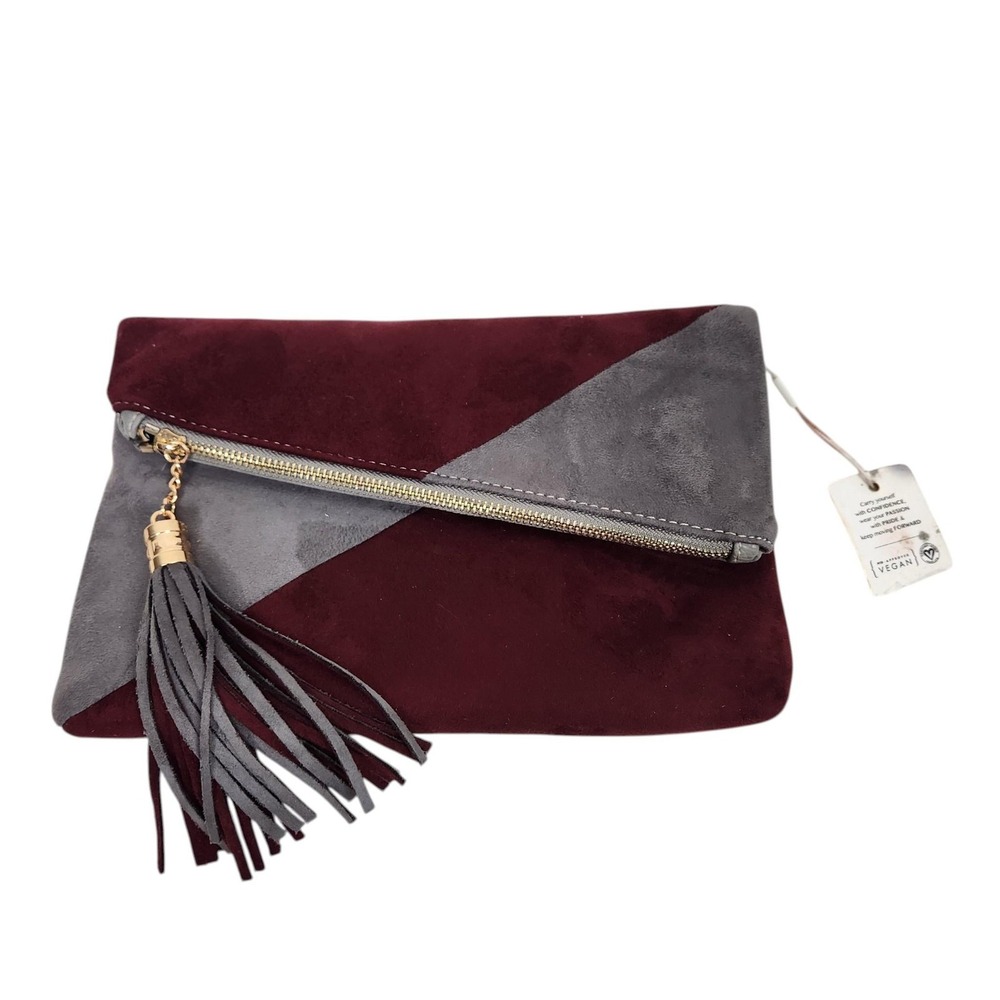 URBAN‎ EXPRESSIONS Colorblock Clutch Bag Womens Medium Gray Burgundy Tassel Zip